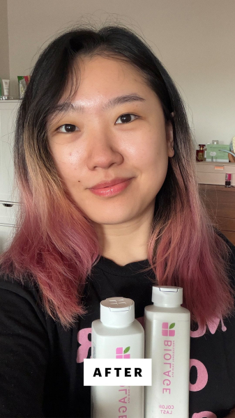 Allure commerce editor Sarah Han before using the Biolage Professional Hair Spa Color Last Shampoo  Conditioner